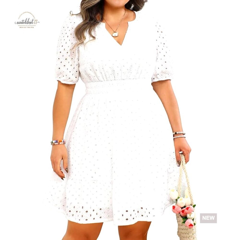 Plus Size Summer Dress Hollow Out Eyelet Lace Ruffle A-Line Short